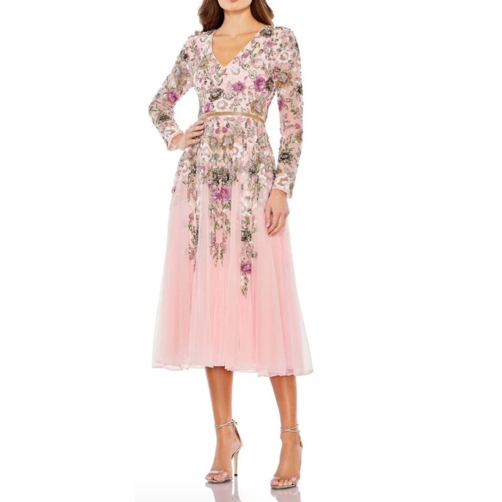 Mac Duggal Floral Beaded Sequin Tulle Midi Dress Pink 18 V-Neck 5594CL